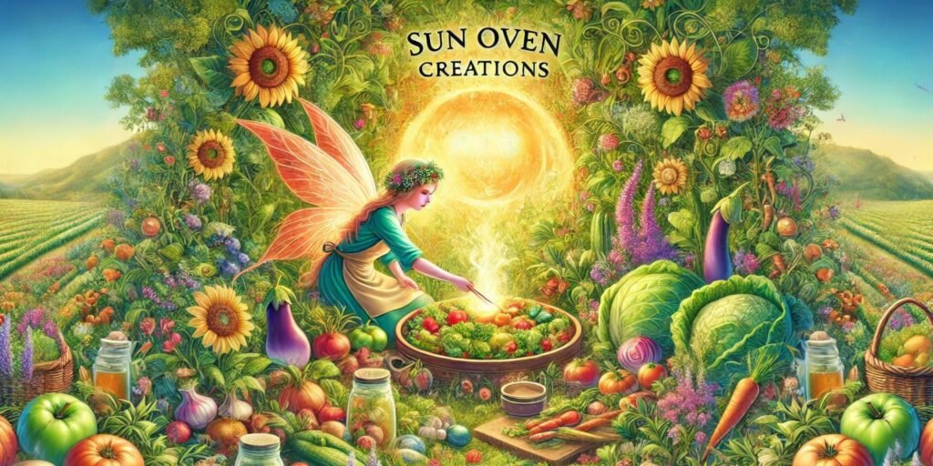 A Garden Faerie is Preparing a meal made from the vegetables she grew in her garden. Sun Oven vegan. Solar cooking recipe books that are downloaded.